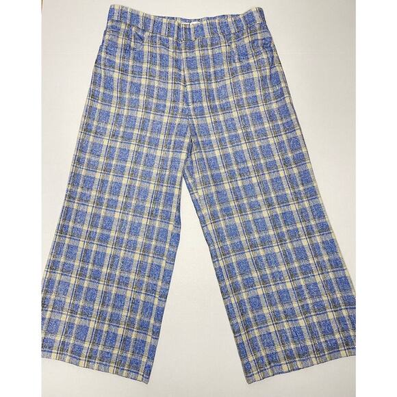Zara Wide Leg Plaid Trouser Womens size XL New Blue Cream Black - Picture 2 of 8